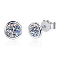 Bezel Round Moissanite Stud Earrings in Rhodium-Plated S925 Sterling Silver on clean white background showing the pair, setting, and stud earrings silhouette