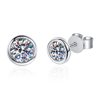 Bezel Round Moissanite Stud Earrings in Rhodium-Plated S925 Sterling Silver on clean white background showing the pair, setting, and stud earrings silhouette