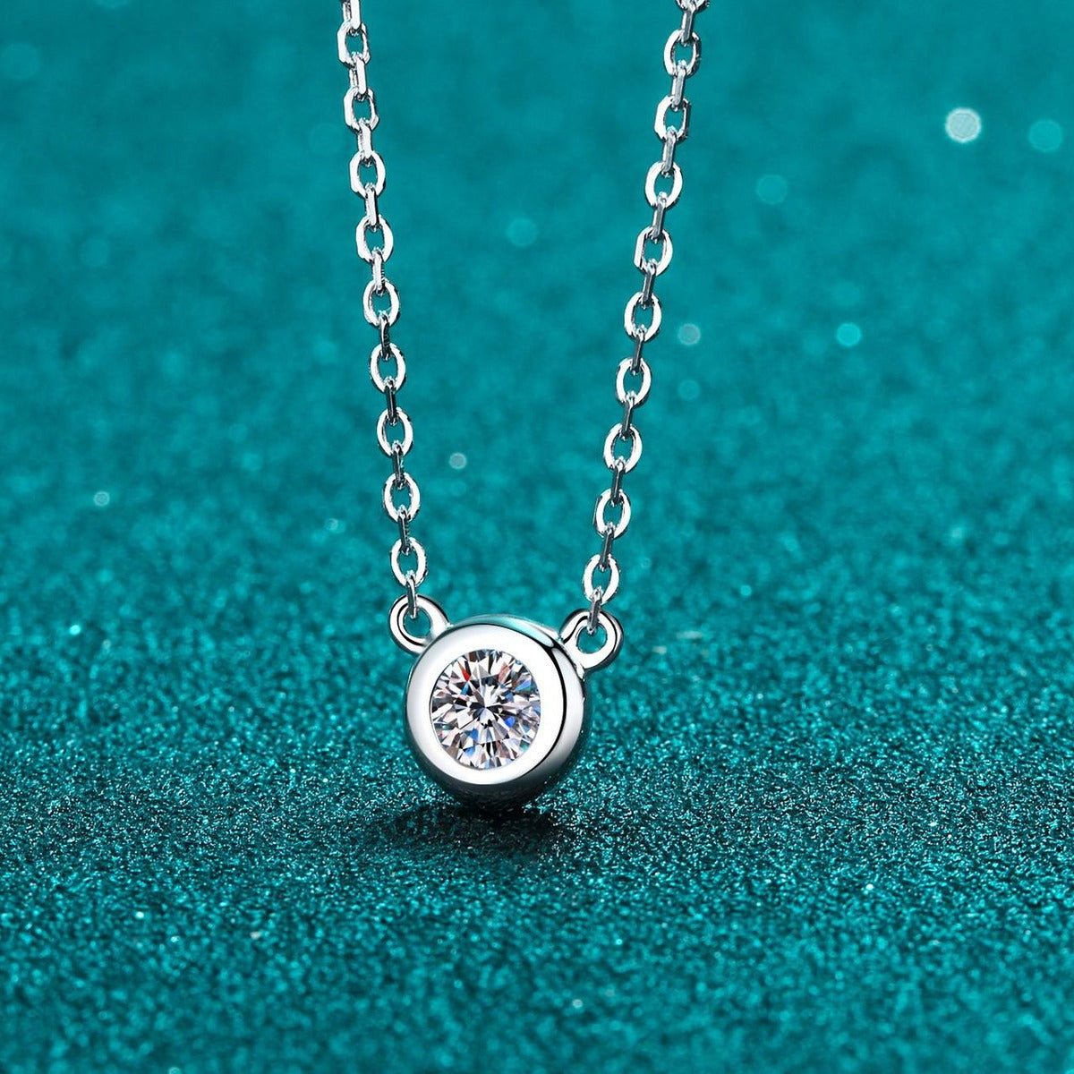 Bezel Solitaire Moissanite Necklace in Rhodium-Plated S925 sterling silver product scene view showing pendant detail