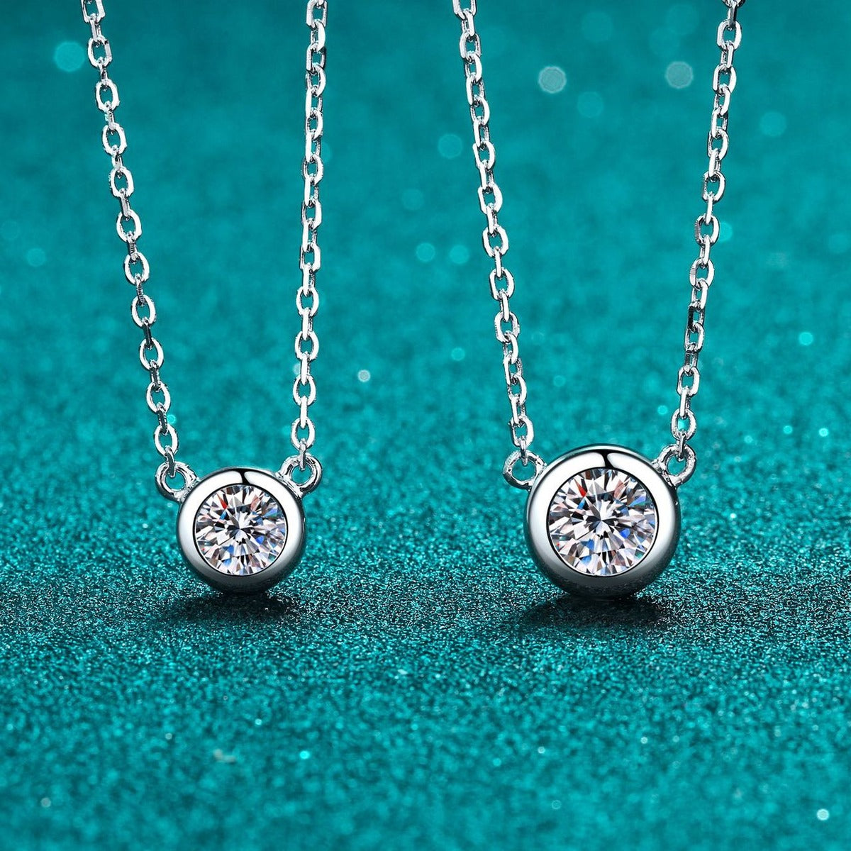Bezel Solitaire Moissanite Necklace in Rhodium-Plated S925 sterling silver product scene view showing angled sparkle