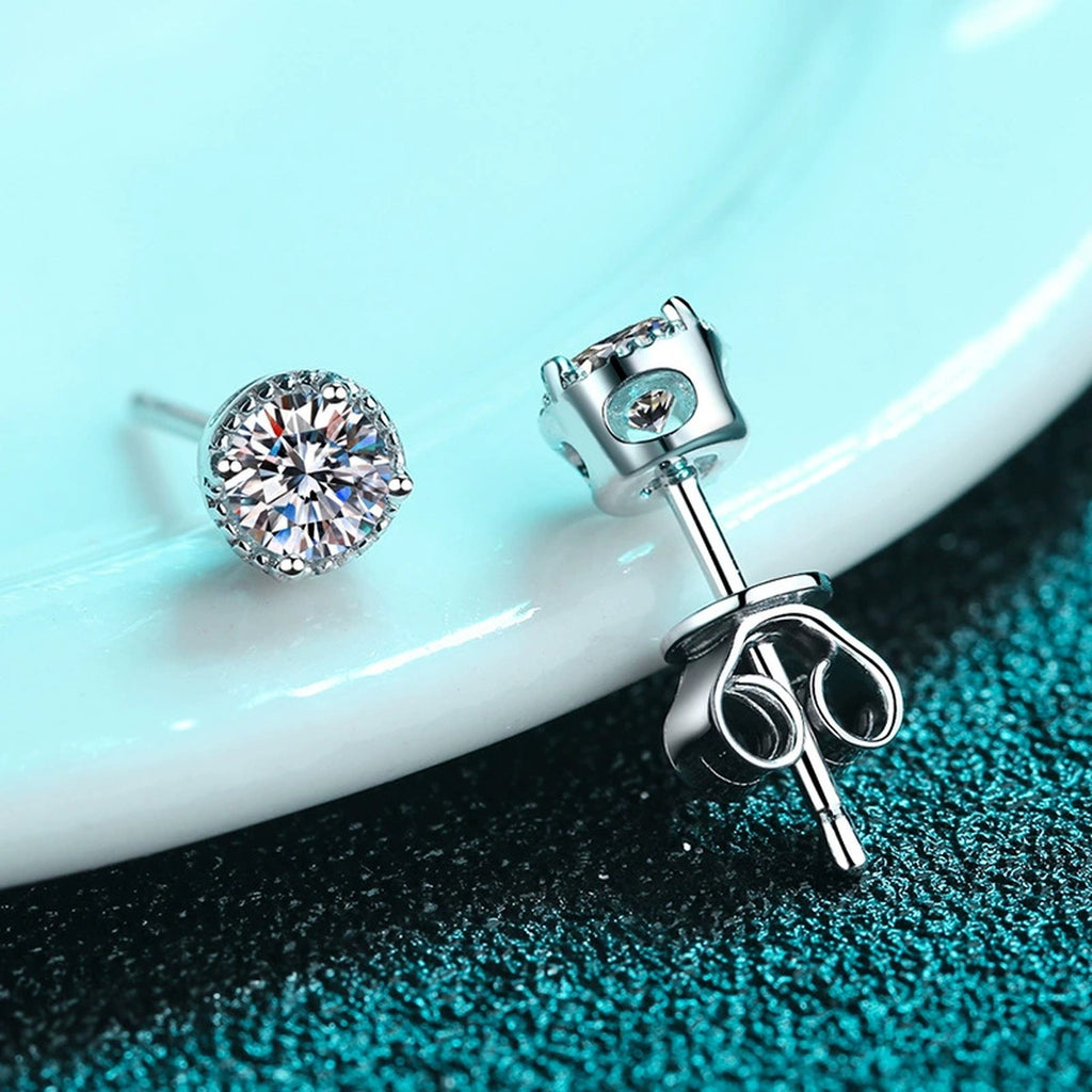 Round Moissanite Stud Earrings in Rhodium-Plated S925 Sterling Silver blue and aqua detail scene showing the post, backing, and round moissanite setting