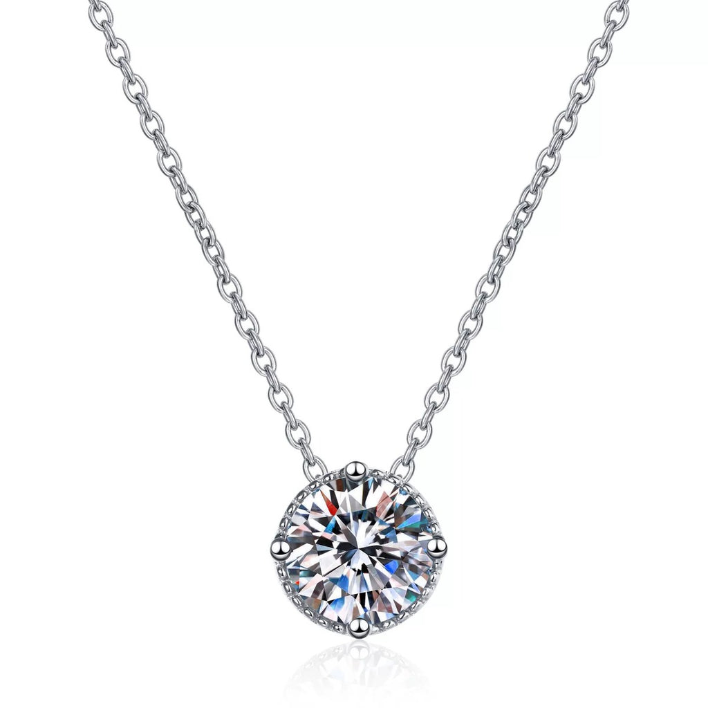 Solitaire Moissanite Pendant Necklace in Rhodium-Plated S925 sterling silver on white background showing pendant shape and round moissanite