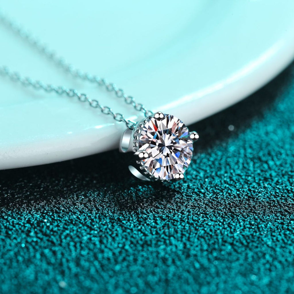 Solitaire Moissanite Pendant Necklace in Rhodium-Plated S925 sterling silver product scene view showing pendant detail