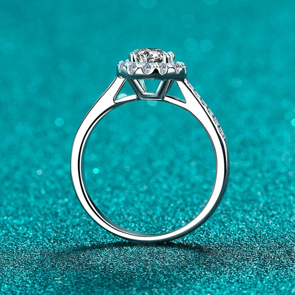 Round Halo Moissanite Ring with CZ in Rhodium-Plated S925 Sterling Silver blue display product photo showing the moissanite setting and band profile