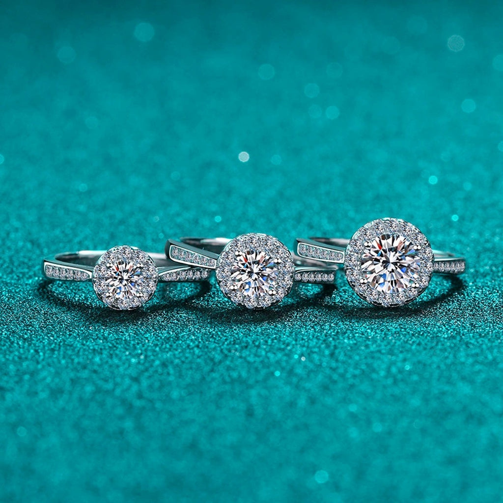 Round Halo Moissanite Ring with CZ in Rhodium-Plated S925 Sterling Silver blue display product photo showing the moissanite setting and band profile