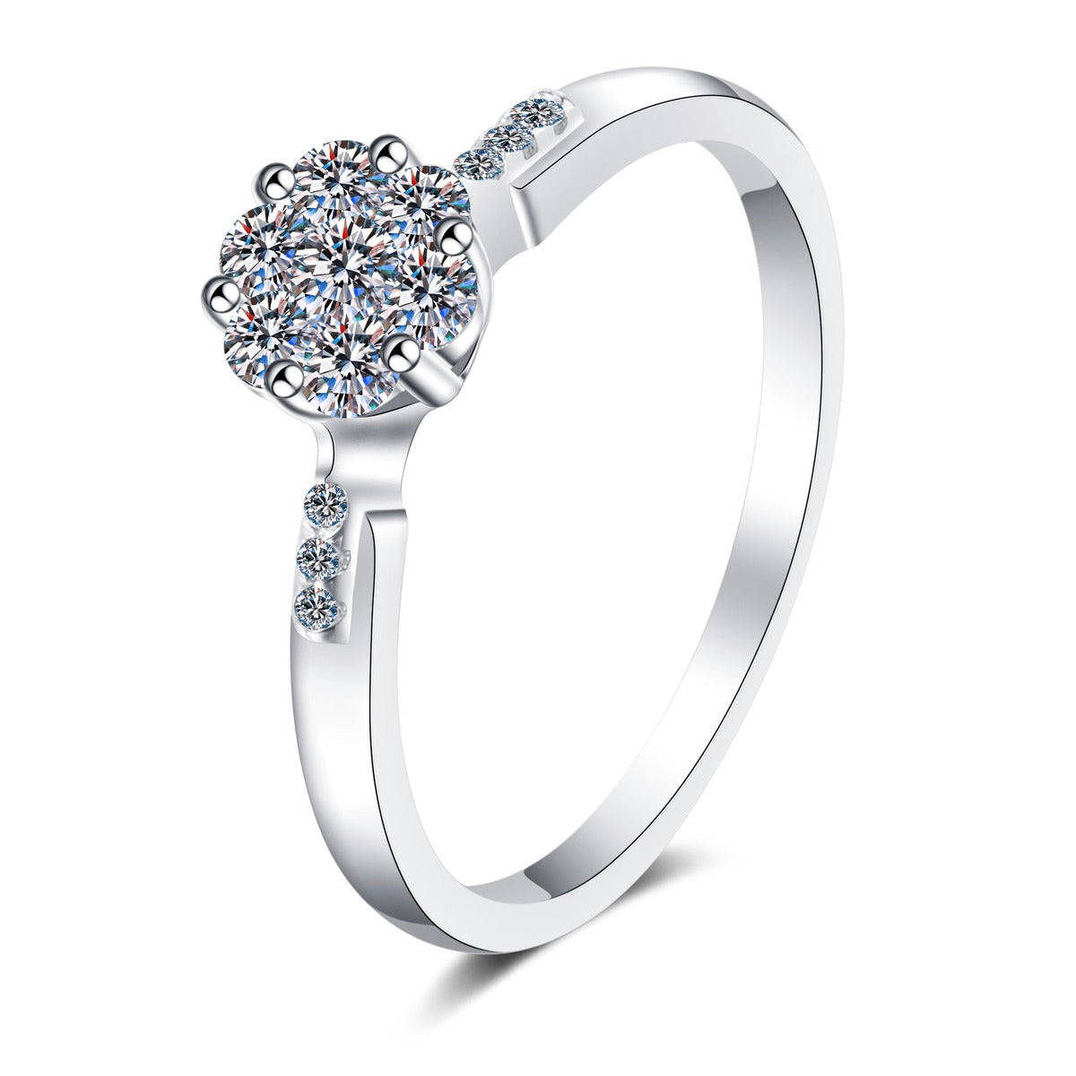 Round Cluster Moissanite Ring with CZ in rhodium-plated S925 sterling silver on clean white background