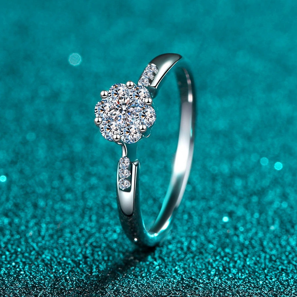 Round Cluster Moissanite Ring with CZ product view showing moissanite setting and metal finish