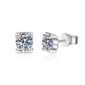 Square Moissanite Stud Earrings with CZ in Rhodium-Plated S925 Sterling Silver on clean white background showing the pair, setting, and stud earrings silhouette