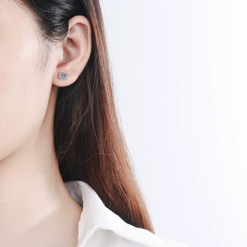 Square Moissanite Stud Earrings with CZ in Rhodium-Plated S925 Sterling Silver worn on ear by model to show scale, drop length, and everyday styling