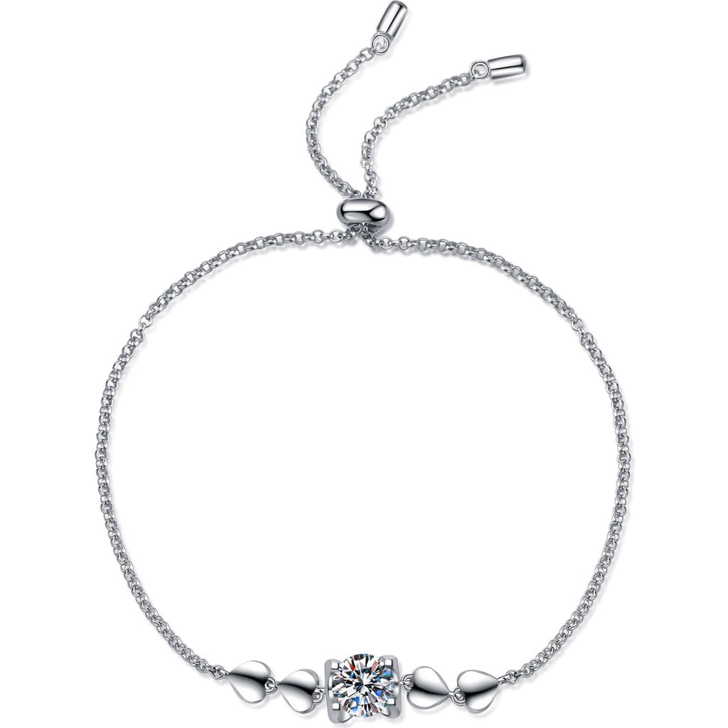 Heart Accent Moissanite Adjustable Bracelet in Rhodium-Plated S925 sterling silver white background product photo showing bracelet shape and moissanite setting