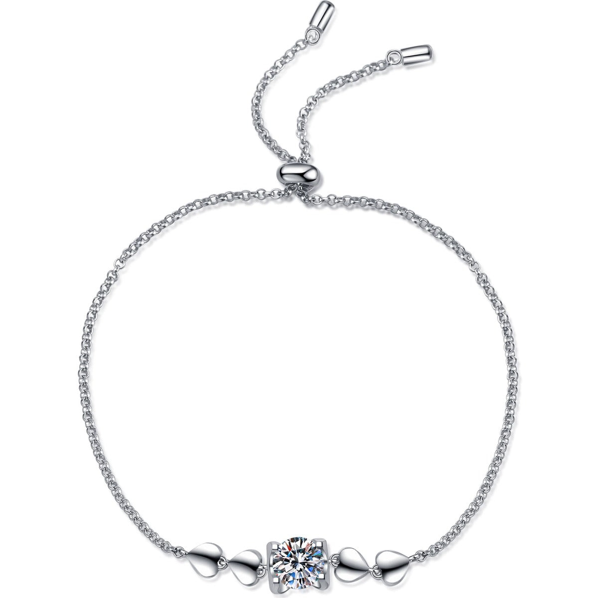 Heart Accent Moissanite Adjustable Bracelet in Rhodium-Plated S925 sterling silver white background product photo showing bracelet shape and moissanite setting