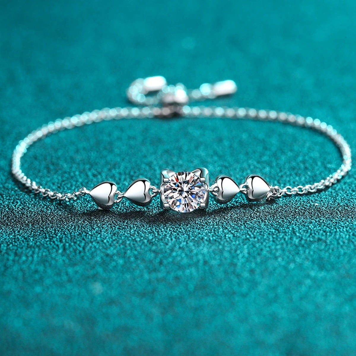 Heart Accent Moissanite Adjustable Bracelet in Rhodium-Plated S925 sterling silver styled product scene showing stone sparkle and chain detail