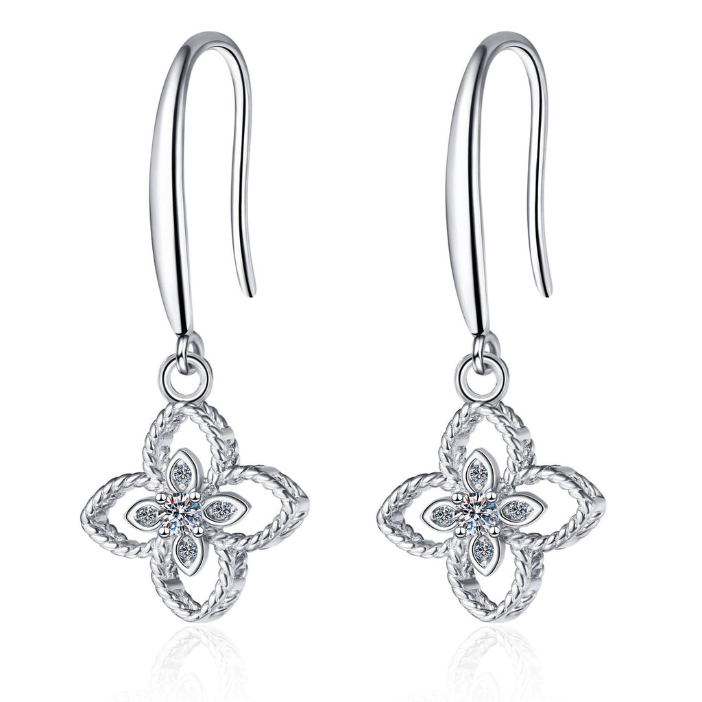 Floral Moissanite Hook Dangle Earrings in Rhodium-Plated S925 Sterling Silver on clean white background showing the pair, setting, and hook dangle earrings silhouette