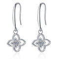 Floral Moissanite Hook Dangle Earrings in Rhodium-Plated S925 Sterling Silver on clean white background showing the pair, setting, and hook dangle earrings silhouette