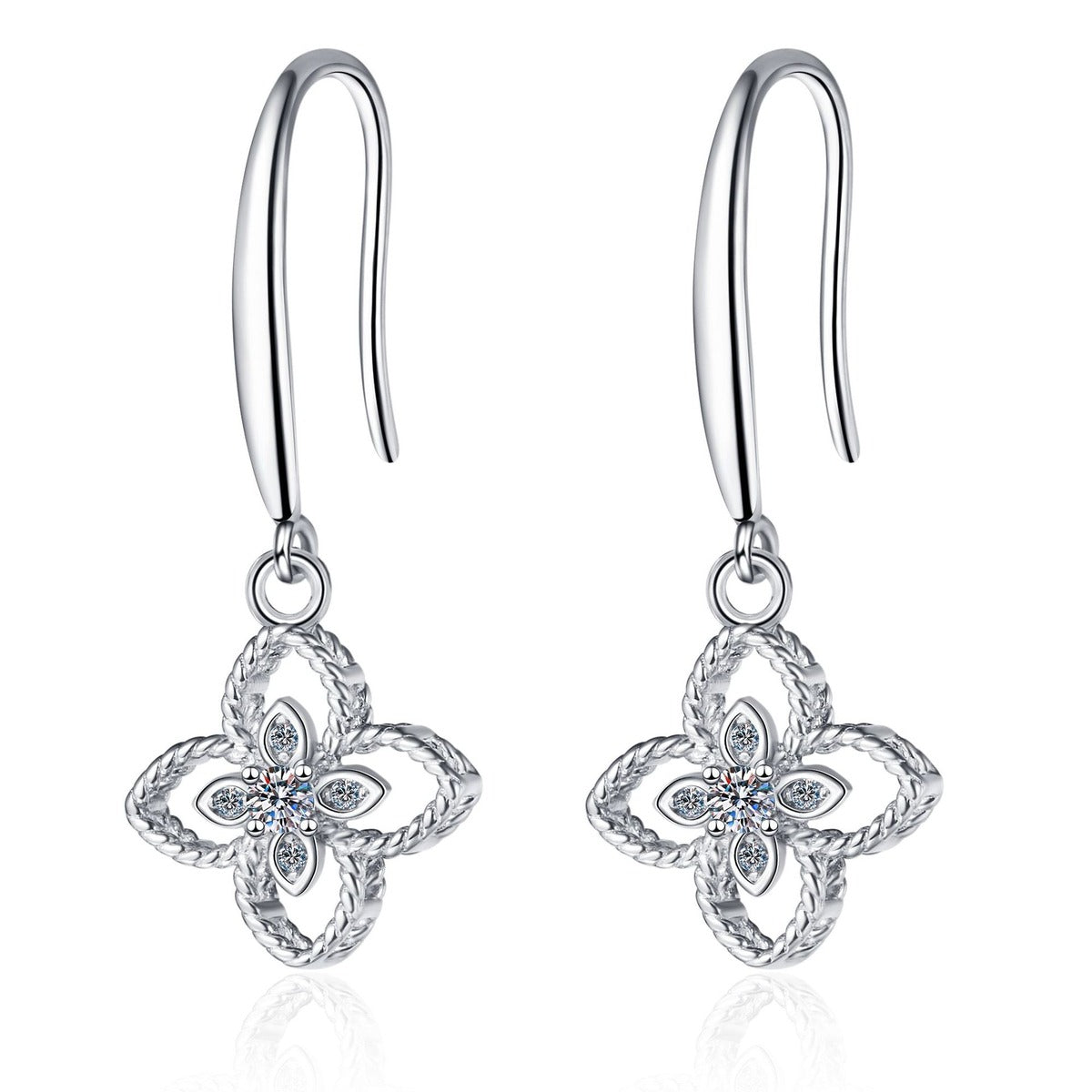 Floral Moissanite Hook Dangle Earrings in Rhodium-Plated S925 Sterling Silver on clean white background showing the pair, setting, and hook dangle earrings silhouette