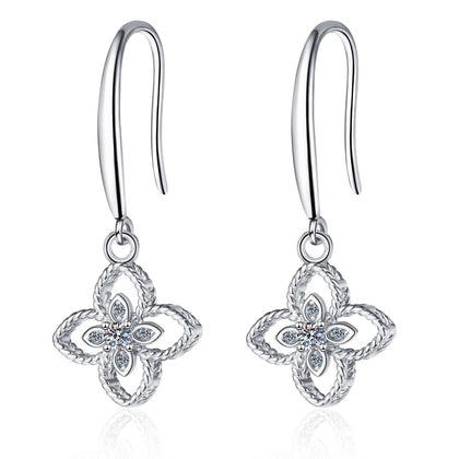 Floral Moissanite Hook Dangle Earrings in Rhodium-Plated S925 Sterling Silver on clean white background showing the pair, setting, and hook dangle earrings silhouette