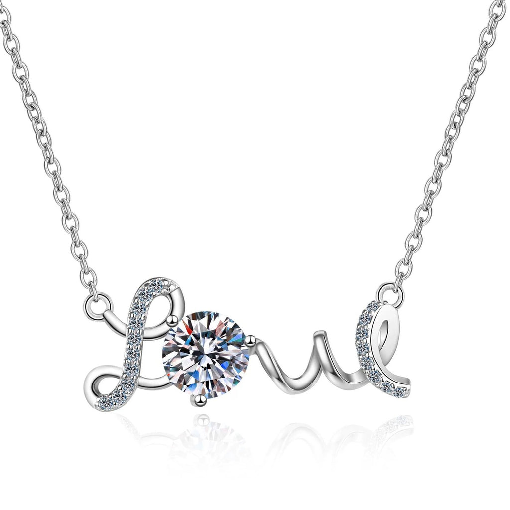 Love Round Moissanite Necklace with CZ in Rhodium-Plated S925 sterling silver white background product photo showing love script necklace with a round moissanite accent and CZ detail