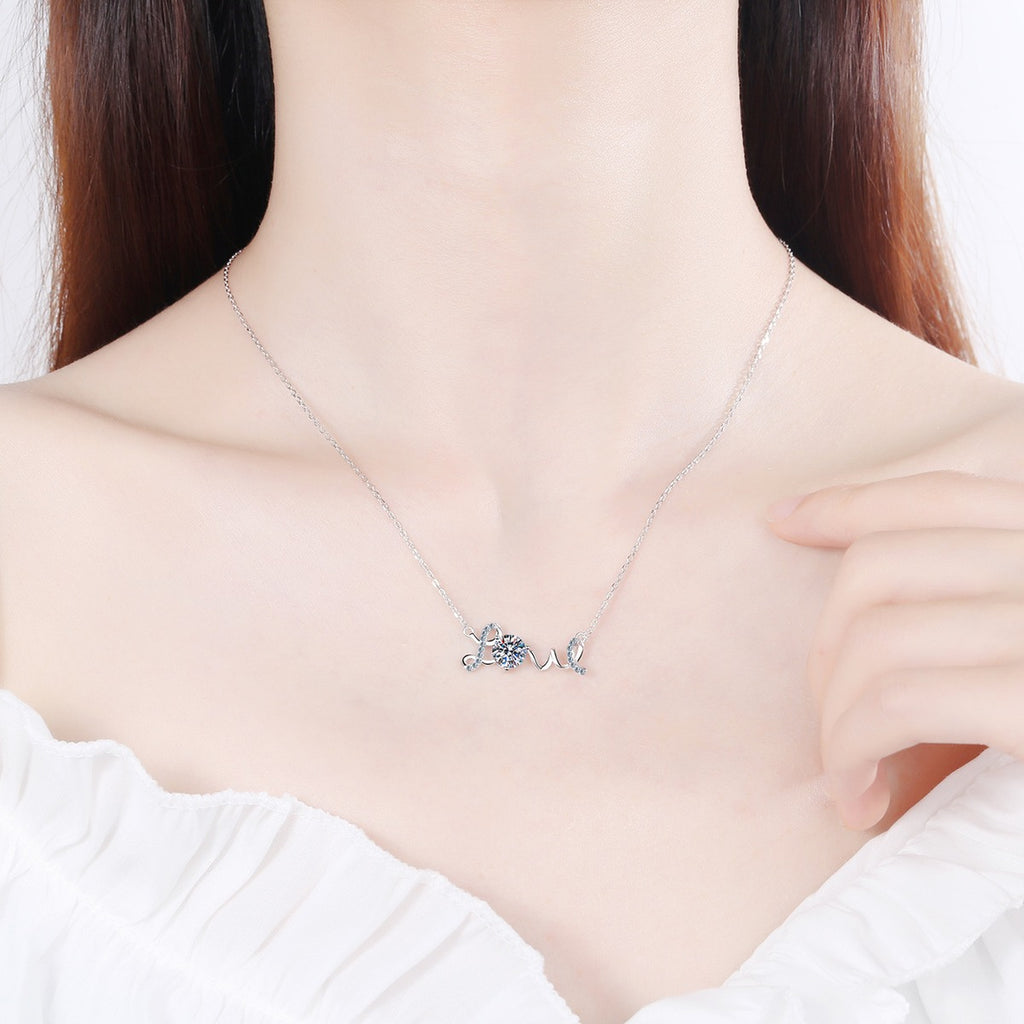 Love Round Moissanite Necklace with CZ in Rhodium-Plated S925 sterling silver neckline model view showing pendant scale and adjustable chain