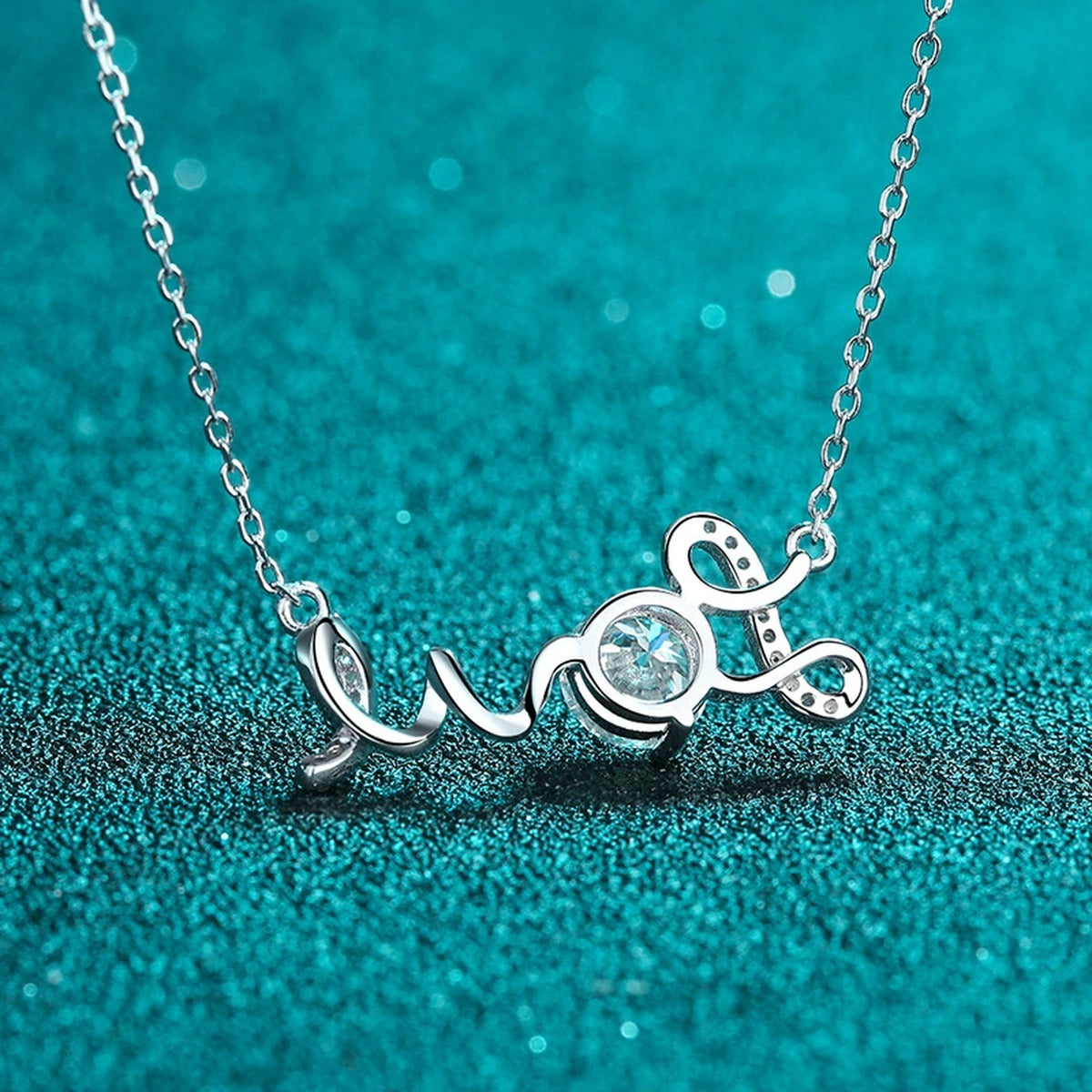 Love Round Moissanite Necklace with CZ in Rhodium-Plated S925 sterling silver close-up product scene showing pendant setting
