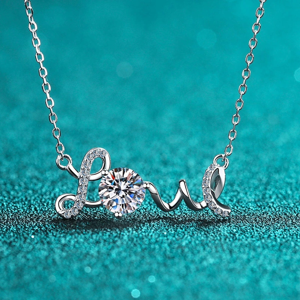 Love Round Moissanite Necklace with CZ in Rhodium-Plated S925 sterling silver blue display scene showing chain and stone layout