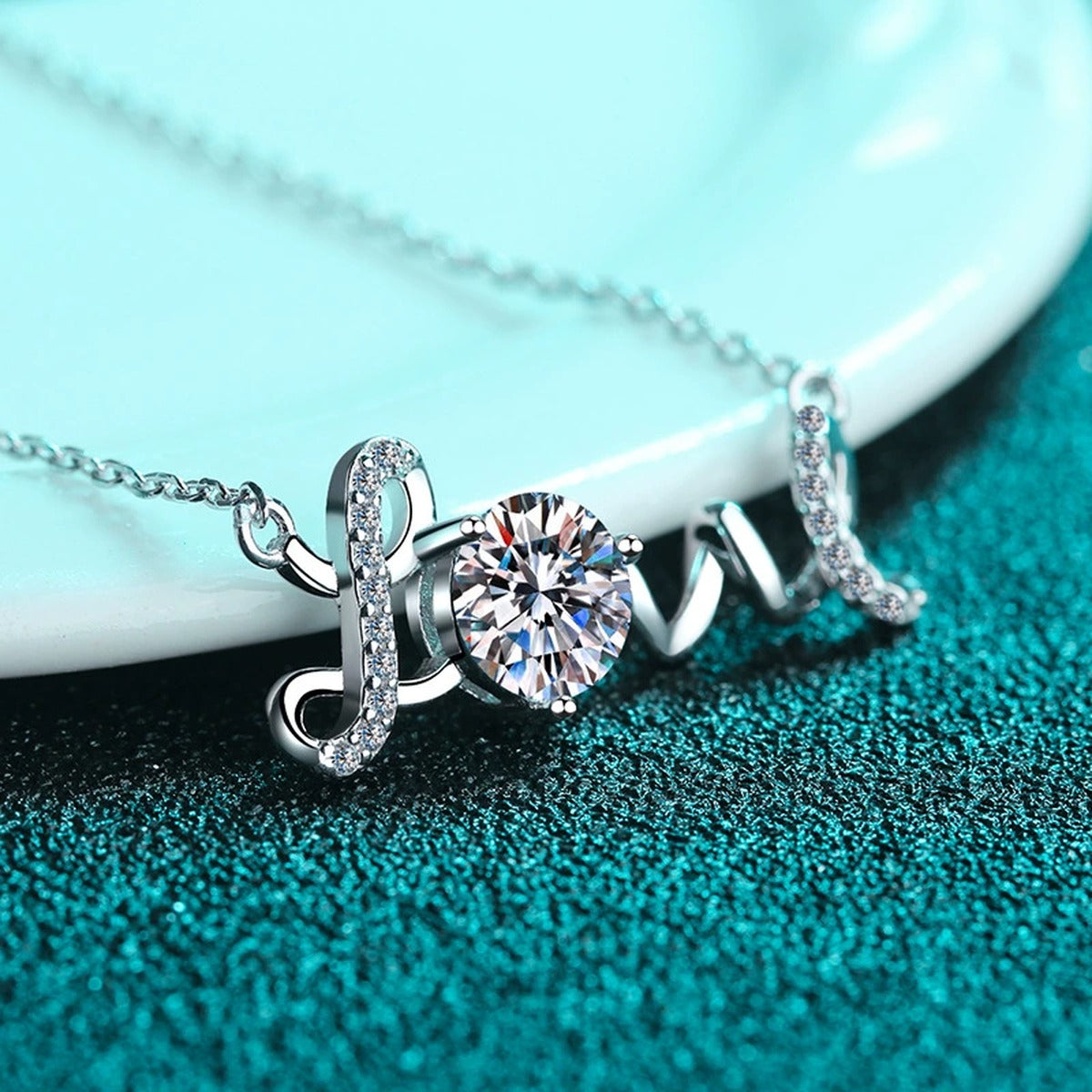 Love Round Moissanite Necklace with CZ in Rhodium-Plated S925 sterling silver angled product detail view