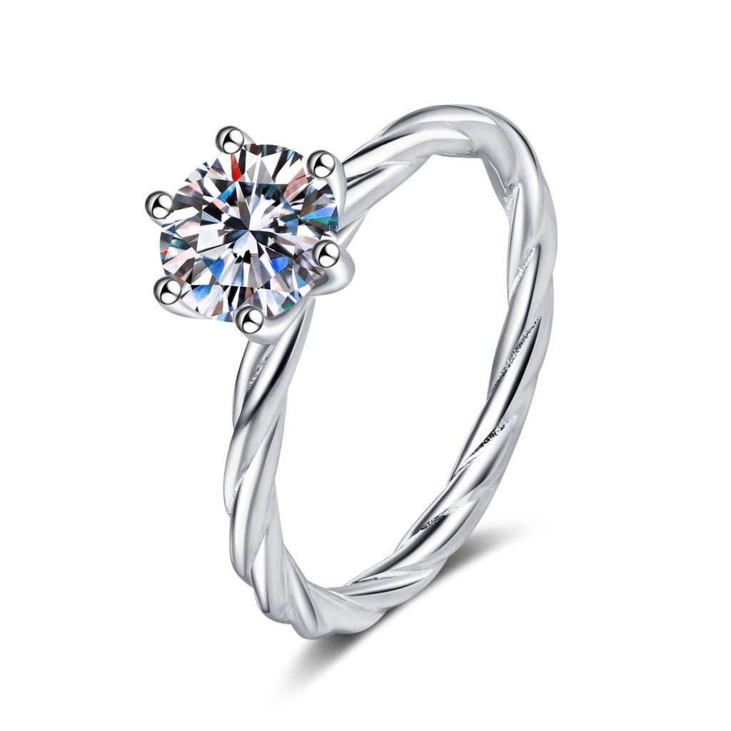 Round Moissanite Ring in Rhodium-Plated S925 Sterling Silver clean white background product photo showing the ring silhouette and moissanite setting
