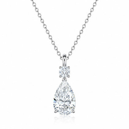Pear and Round Moissanite Drop Necklace in Rhodium-Plated S925 sterling silver white background product photo showing drop pendant with pear cut and round moissanite stones