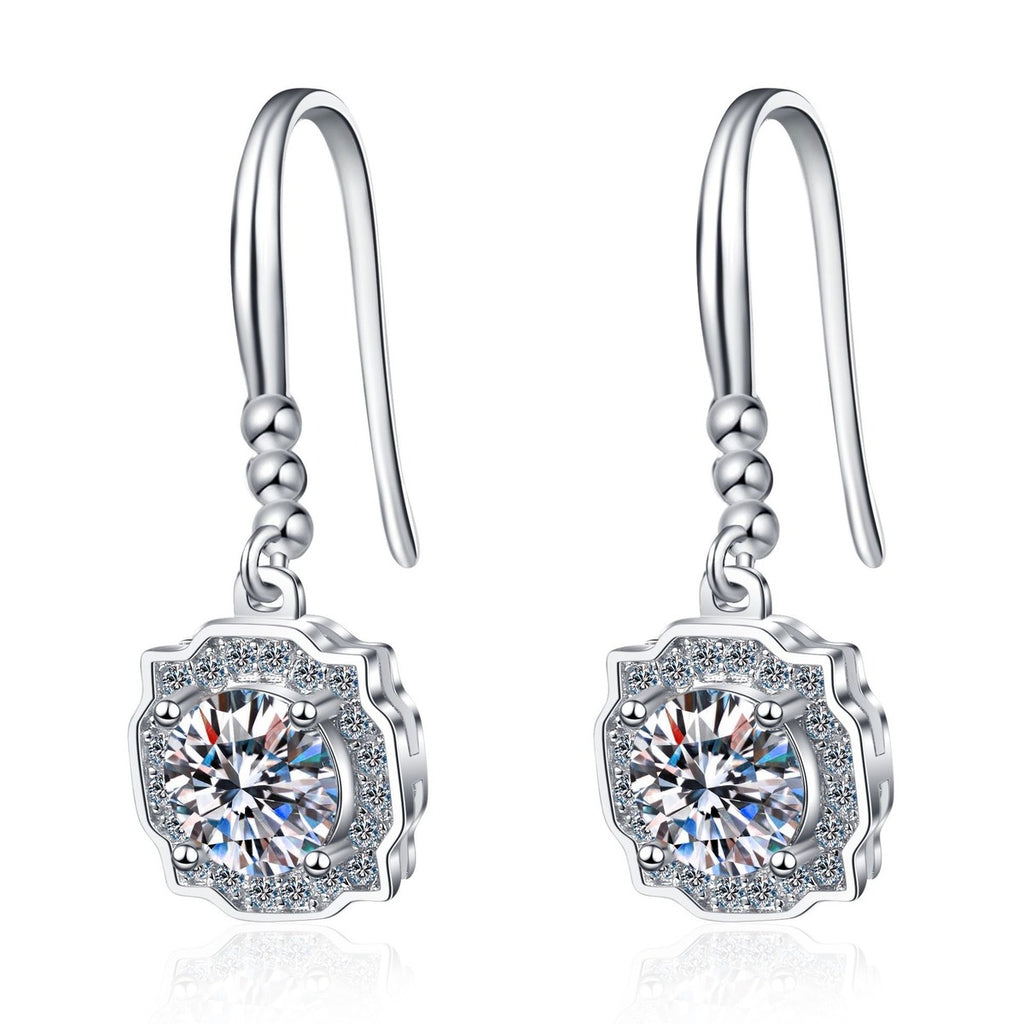Round Halo Moissanite Hook Dangle Earrings with CZ in Rhodium-Plated S925 sterling silver white background product photo showing the pair, stone shape, and hook dangle earrings silhouette