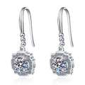 Round Halo Moissanite Hook Dangle Earrings with CZ in Rhodium-Plated S925 sterling silver white background product photo showing the pair, stone shape, and hook dangle earrings silhouette