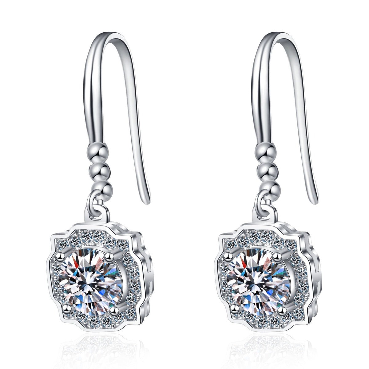 Round Halo Moissanite Hook Dangle Earrings with CZ in Rhodium-Plated S925 sterling silver white background product photo showing the pair, stone shape, and hook dangle earrings silhouette