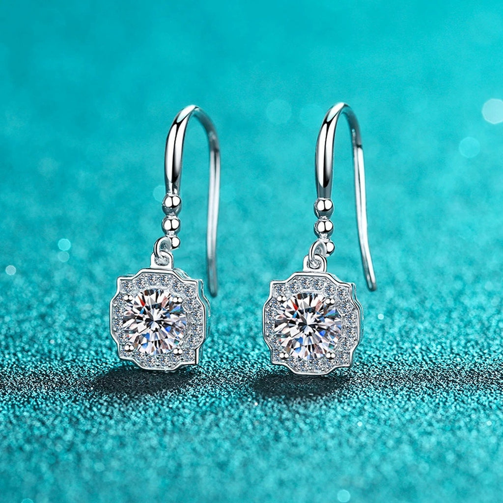 Round Halo Moissanite Hook Dangle Earrings with CZ in Rhodium-Plated S925 sterling silver product scene view showing front sparkle