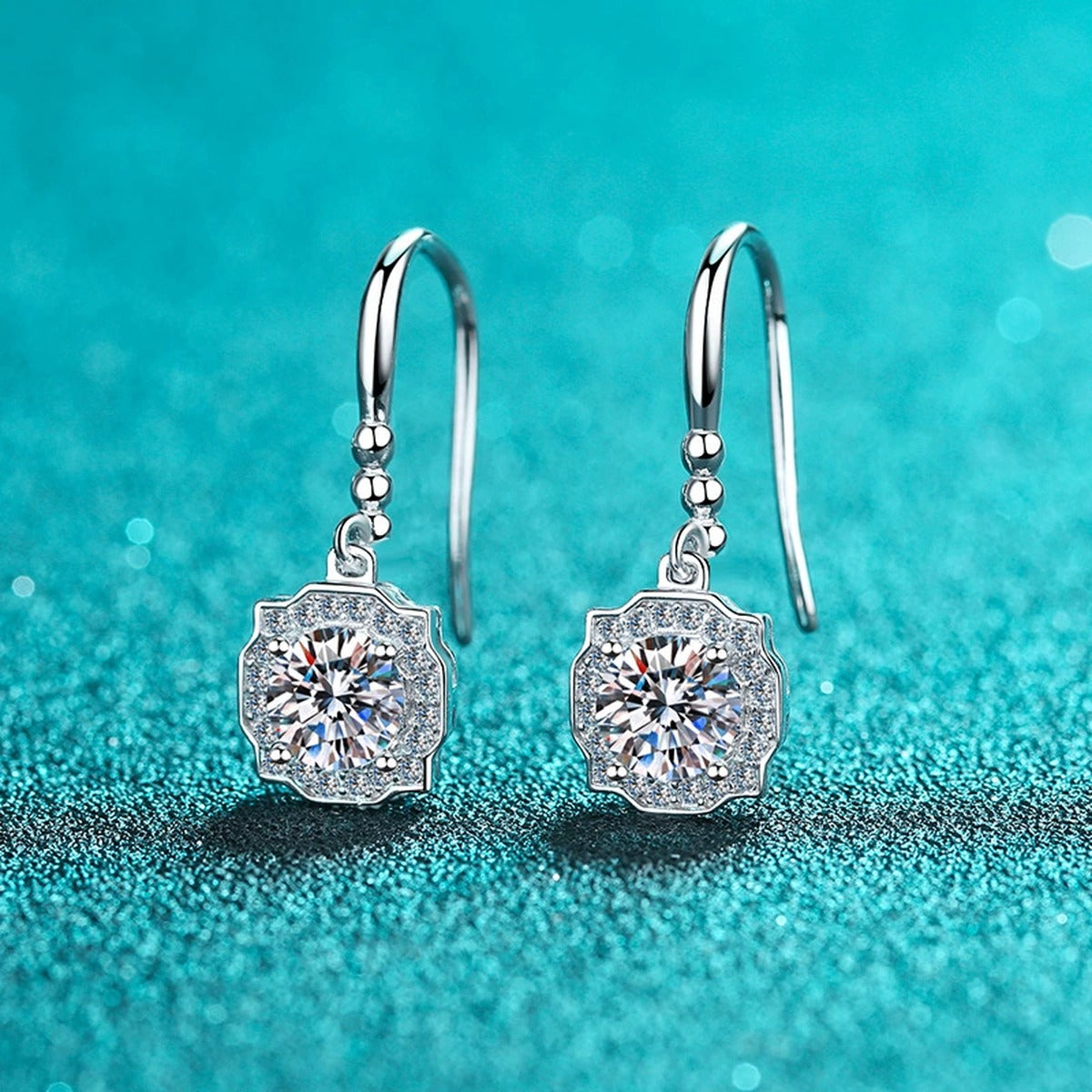 Round Halo Moissanite Hook Dangle Earrings with CZ in Rhodium-Plated S925 sterling silver product scene view showing front sparkle