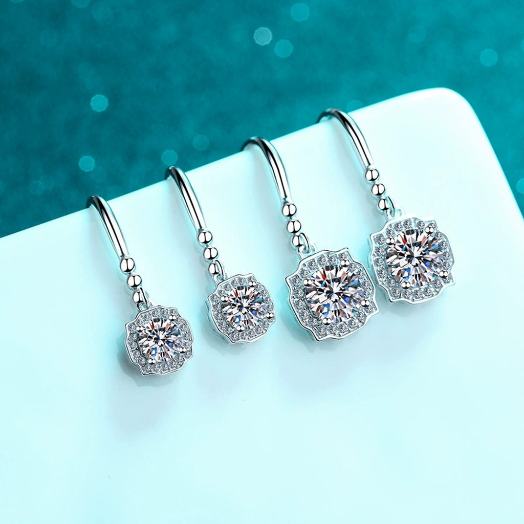 Round Halo Moissanite Hook Dangle Earrings with CZ in Rhodium-Plated S925 sterling silver product scene view showing angled setting detail