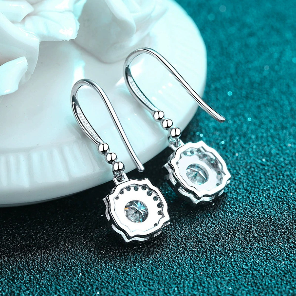 Round Halo Moissanite Hook Dangle Earrings with CZ in Rhodium-Plated S925 sterling silver product scene view showing side profile