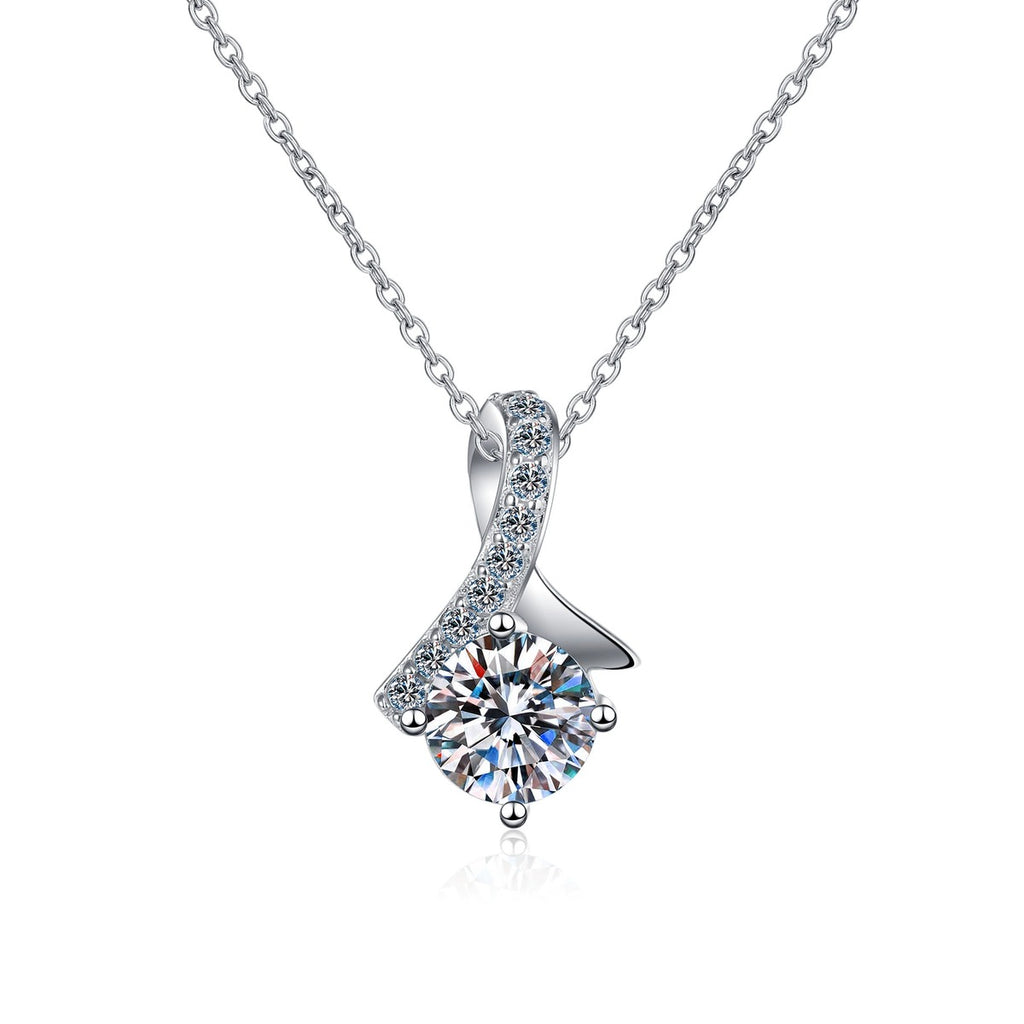 Music Note Moissanite Pendant Necklace with CZ in Rhodium-Plated S925 sterling silver on white background showing pendant shape and round moissanite