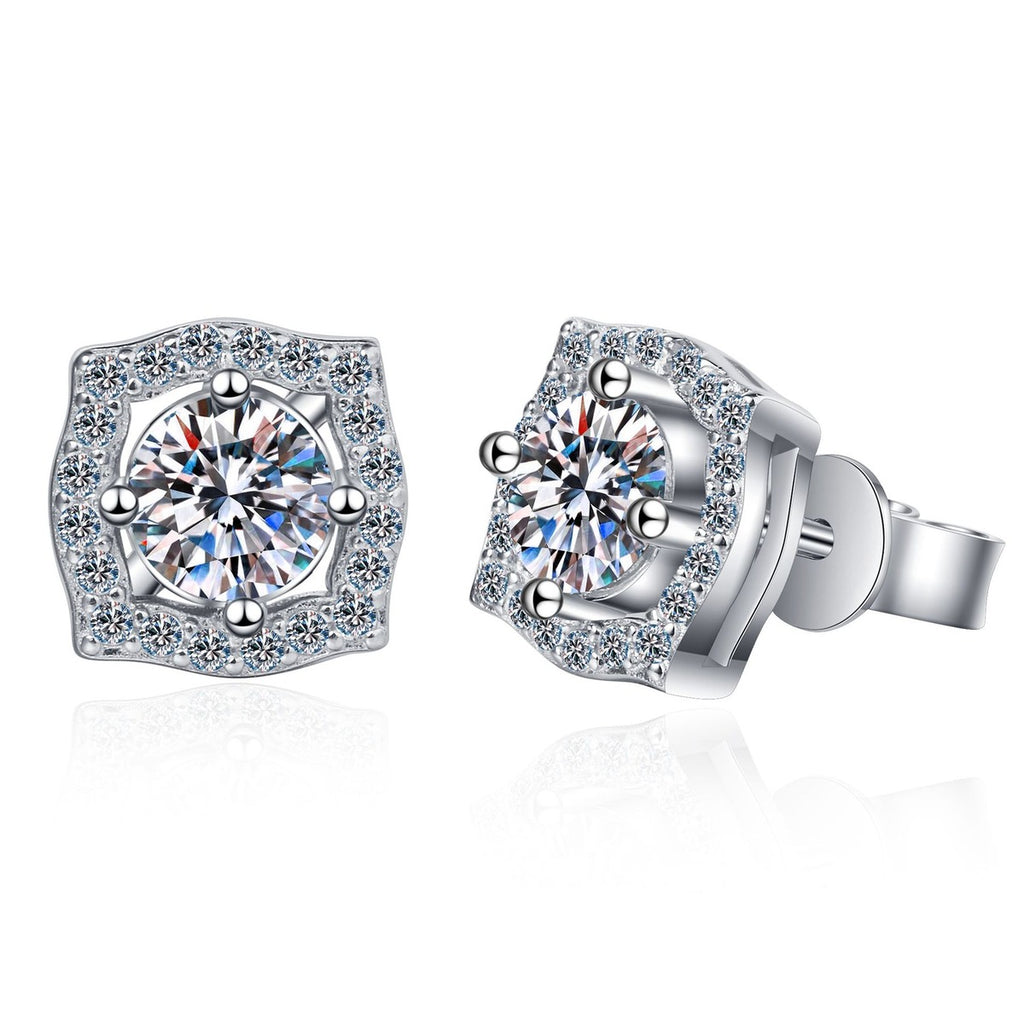 Cushion Halo Moissanite Stud Earrings with CZ in Rhodium-Plated S925 sterling silver white background product photo showing the pair, stone shape, and stud earrings silhouette