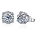Cushion Halo Moissanite Stud Earrings with CZ in Rhodium-Plated S925 sterling silver white background product photo showing the pair, stone shape, and stud earrings silhouette