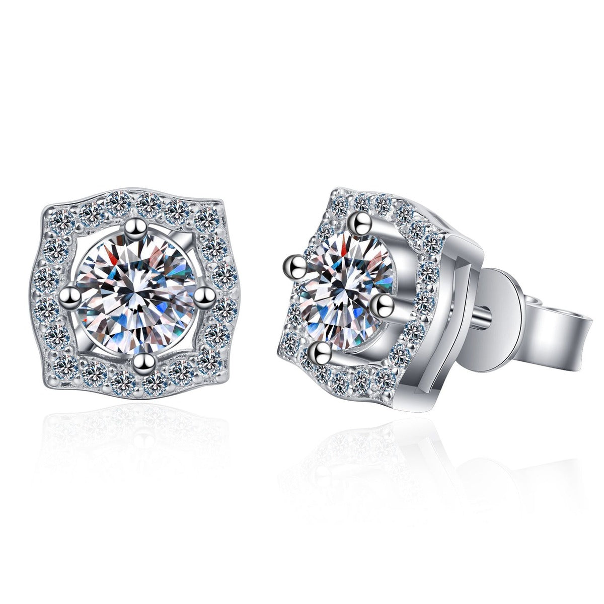 Cushion Halo Moissanite Stud Earrings with CZ in Rhodium-Plated S925 sterling silver white background product photo showing the pair, stone shape, and stud earrings silhouette