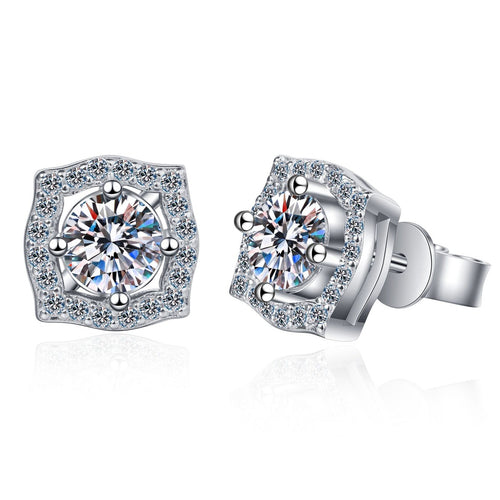 Cushion Halo Moissanite Stud Earrings with CZ in Rhodium-Plated S925 sterling silver white background product photo showing the pair, stone shape, and stud earrings silhouette
