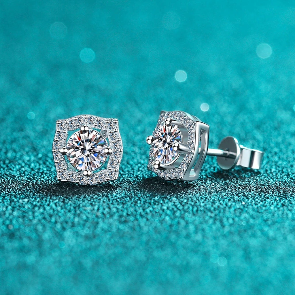 Cushion Halo Moissanite Stud Earrings with CZ in Rhodium-Plated S925 sterling silver product scene view showing front sparkle