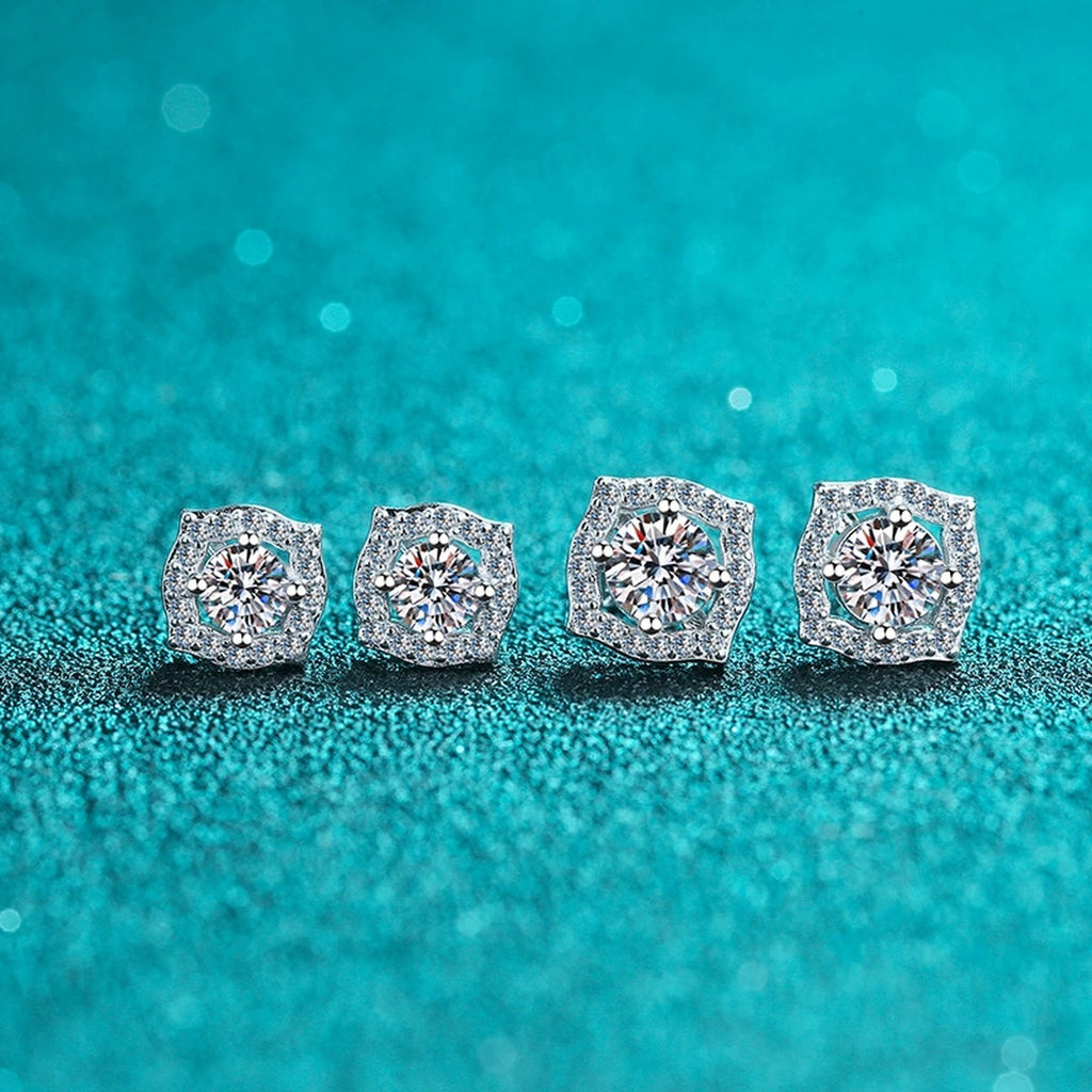 Cushion Halo Moissanite Stud Earrings with CZ in Rhodium-Plated S925 sterling silver product scene view showing angled setting detail