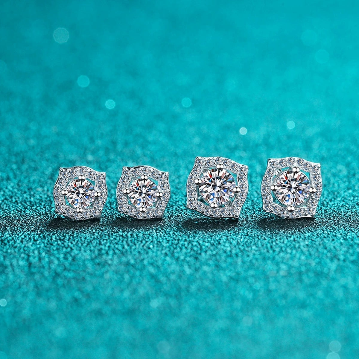 Cushion Halo Moissanite Stud Earrings with CZ in Rhodium-Plated S925 sterling silver product scene view showing angled setting detail