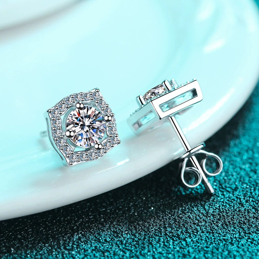 Cushion Halo Moissanite Stud Earrings with CZ in Rhodium-Plated S925 sterling silver product scene view showing side profile
