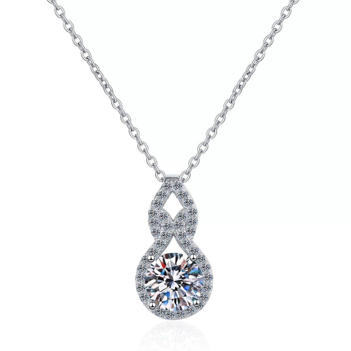 Gourd Moissanite Pendant Necklace with CZ in Rhodium-Plated S925 sterling silver on white background showing pendant shape and round moissanite