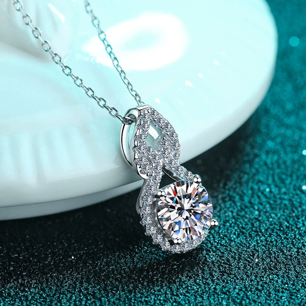 Gourd Moissanite Pendant Necklace with CZ in Rhodium-Plated S925 sterling silver product scene view showing angled sparkle
