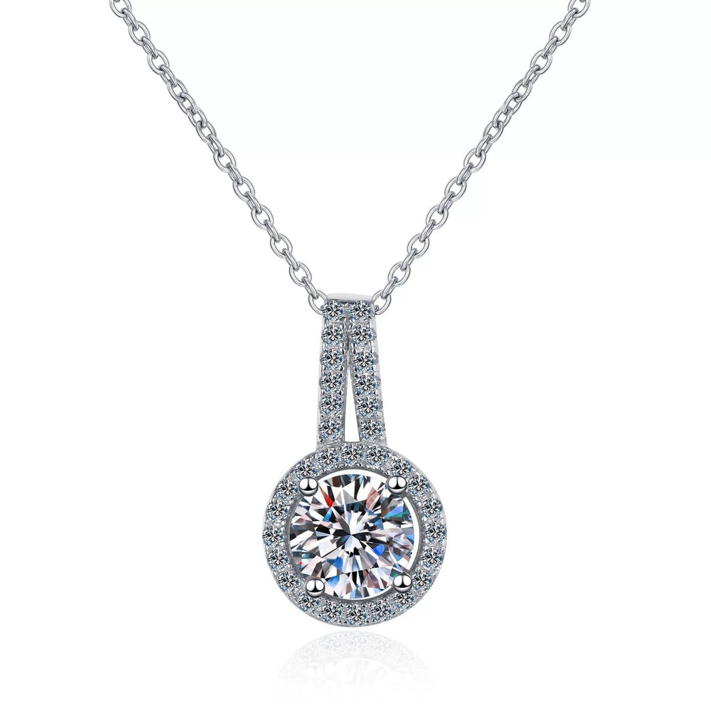 Halo Solitaire Moissanite Pendant Necklace with CZ in Rhodium-Plated S925 sterling silver on white background showing pendant shape and round moissanite