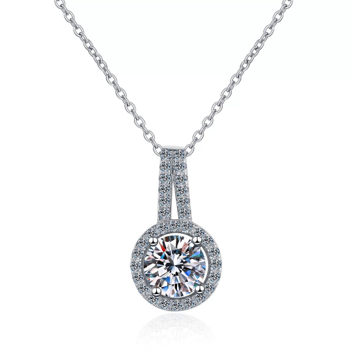 Halo Solitaire Moissanite Pendant Necklace with CZ in Rhodium-Plated S925 sterling silver on white background showing pendant shape and round moissanite