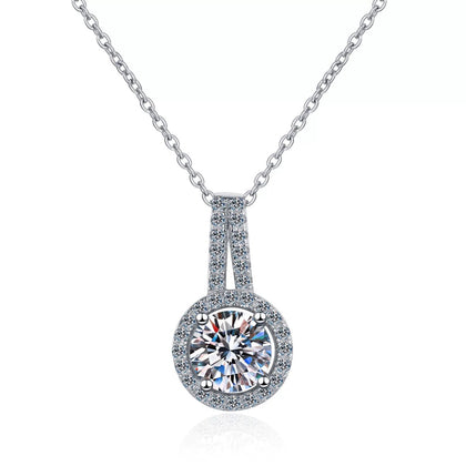 Halo Solitaire Moissanite Pendant Necklace with CZ in Rhodium-Plated S925 sterling silver on white background showing pendant shape and round moissanite