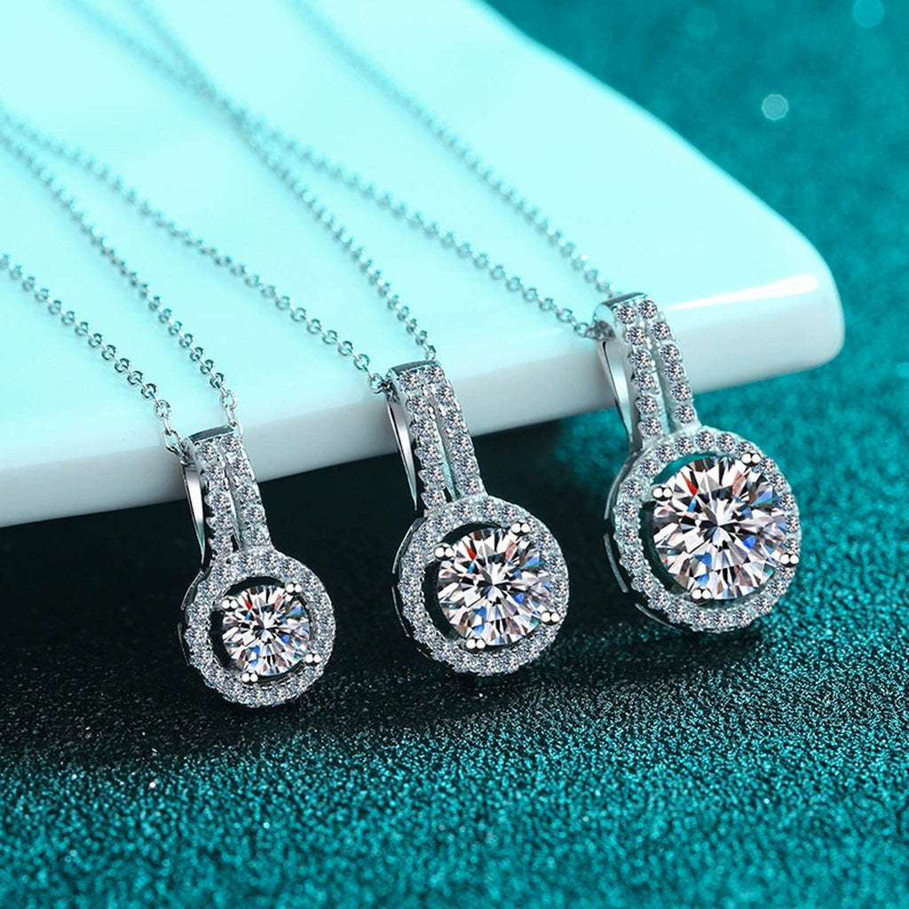 Halo Solitaire Moissanite Pendant Necklace with CZ in Rhodium-Plated S925 sterling silver product scene view showing pendant detail