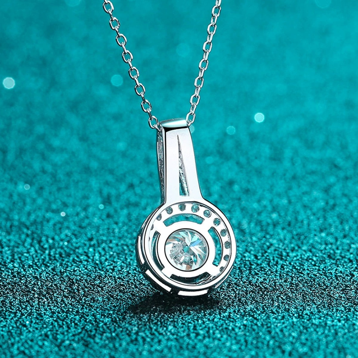Halo Solitaire Moissanite Pendant Necklace with CZ in Rhodium-Plated S925 sterling silver product scene view showing chain and setting detail